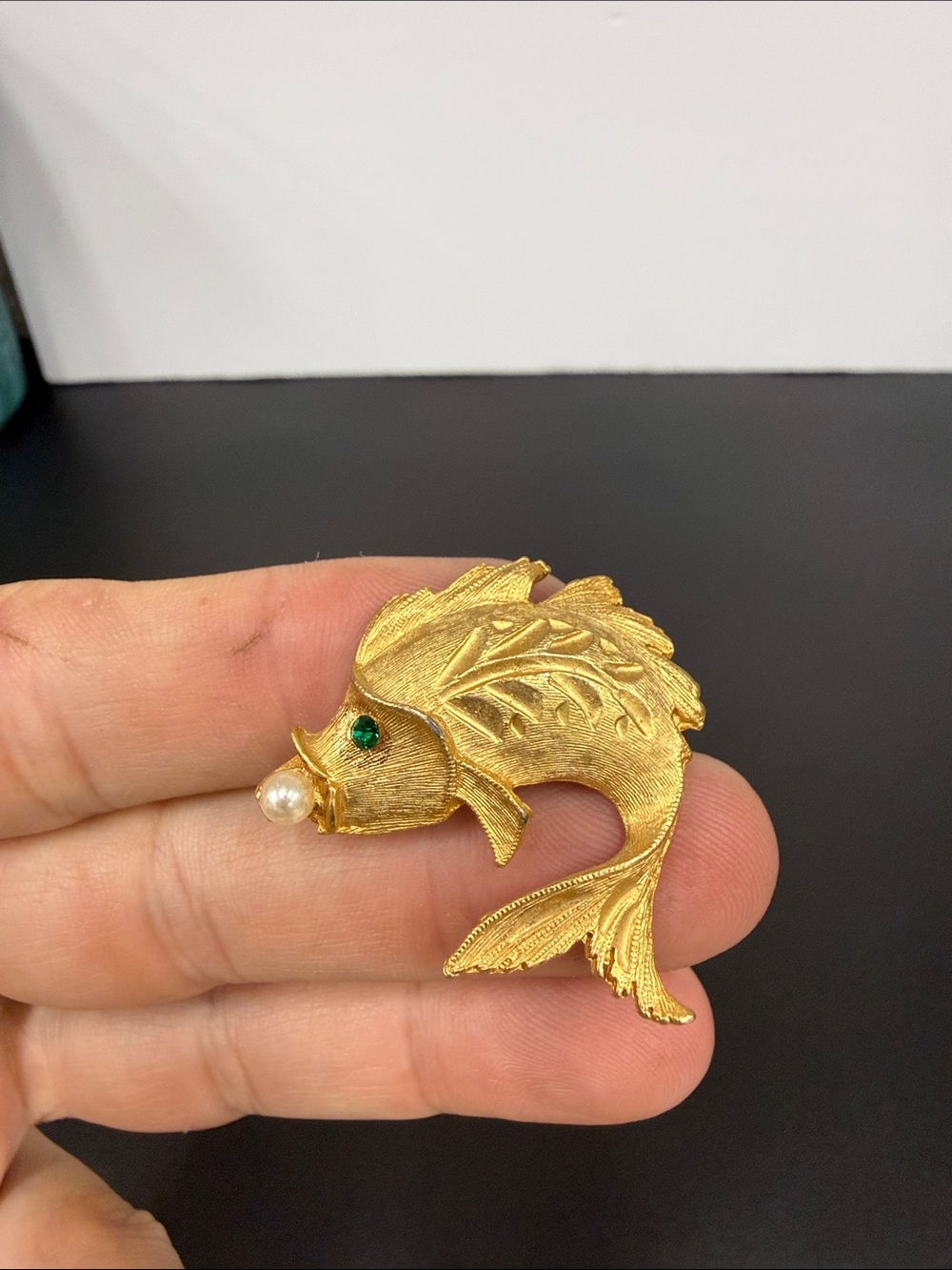 Vintage Gold Fish Brooch Pin with Pearl Accent - Gold Color